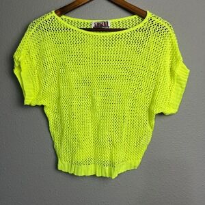 Vtg Two One Two Street Wear Arizona Y2K Neon Yellow Crochet Knit Top Valley Girl